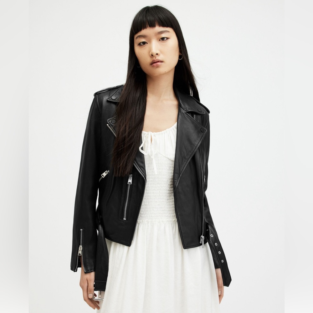 All Saints Balfern Belted Hem Leather Biker Jacket. Size US 4